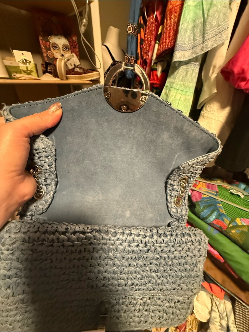 Sandro Paris Yza Raffia Shoulder Bag | Blue Woven Top Handle Purse - Picture 7 of 17